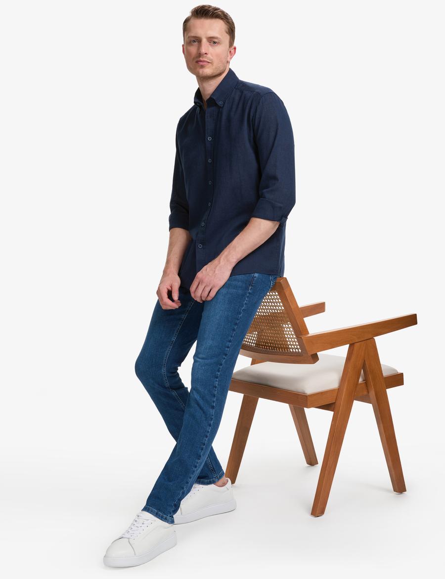 Lacivert Keten Karışımlı Regular Fit Uzun Kollu Gömlek