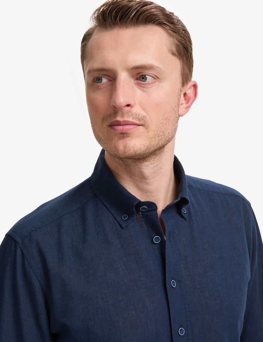 Lacivert Keten Karışımlı Regular Fit Uzun Kollu Gömlek