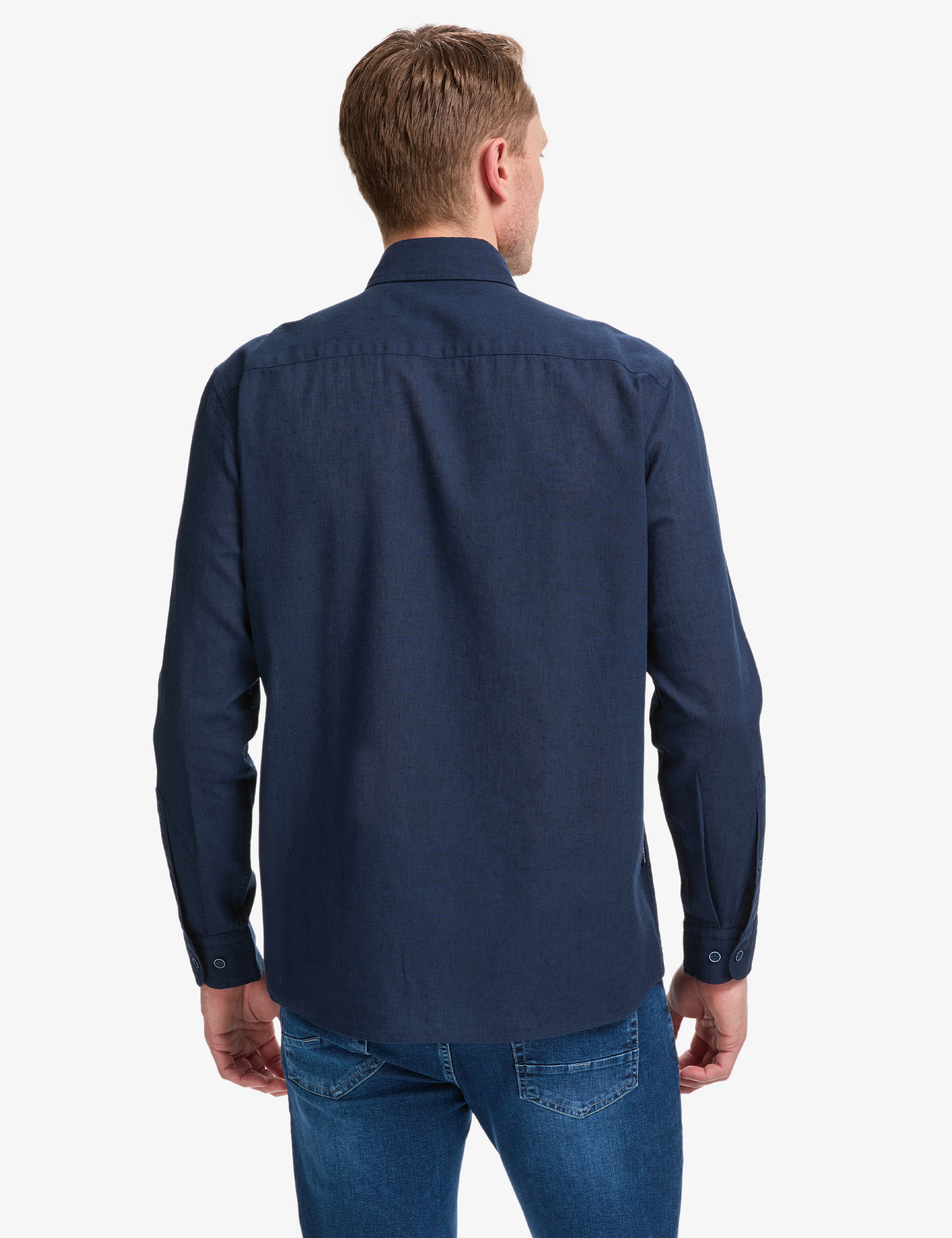 Lacivert Keten Karışımlı Regular Fit Uzun Kollu Gömlek - Image 5