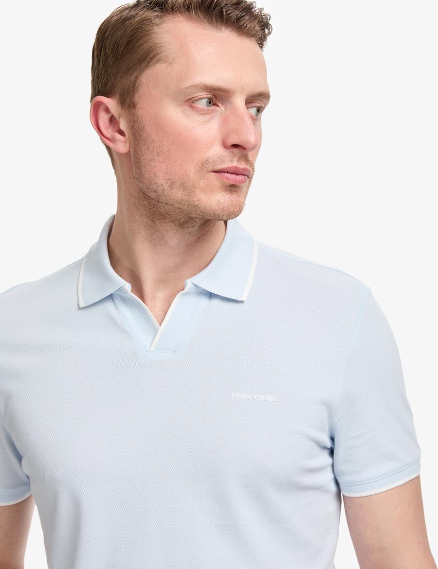 Açık Mavi Slim Fit %100 Pamuk Apaş Yaka Tişört