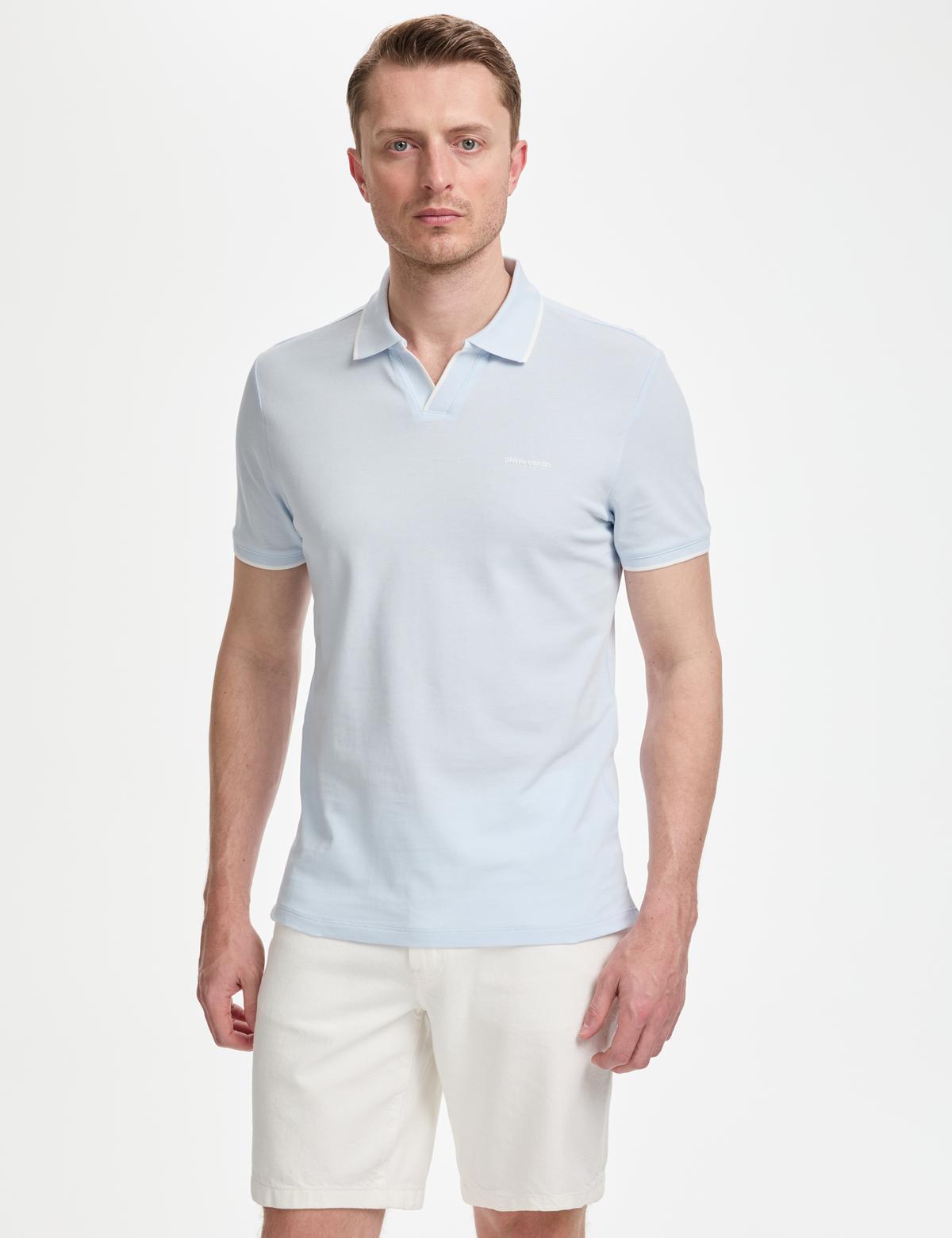 Açık Mavi Slim Fit %100 Pamuk Apaş Yaka Tişört - 50321029037