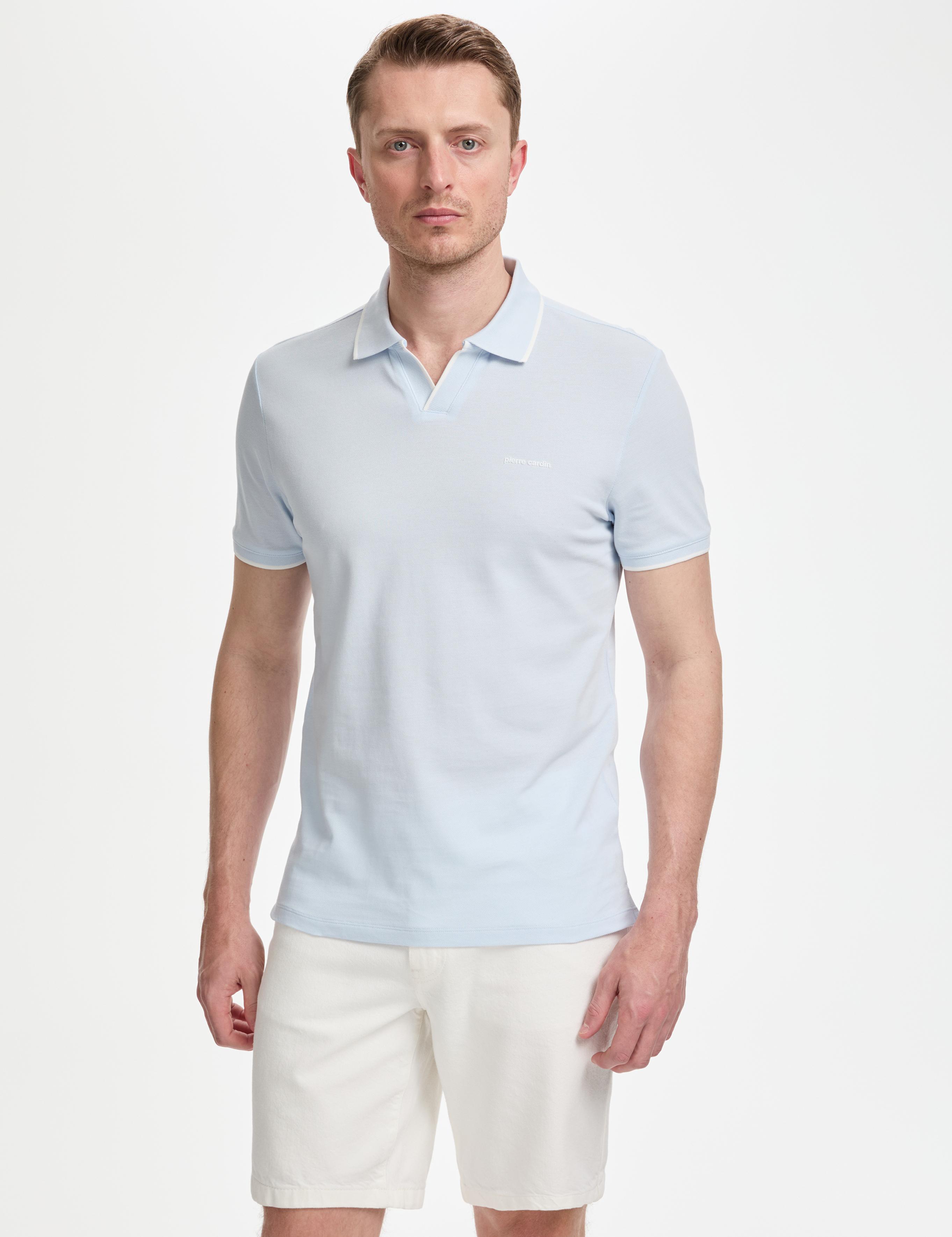 Açık Mavi Slim Fit %100 Pamuk Apaş Yaka Tişört