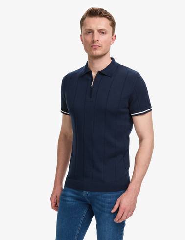 Lacivert Slim Fit %100 Pamuk Fermuarlı Polo Yaka Triko Tişört