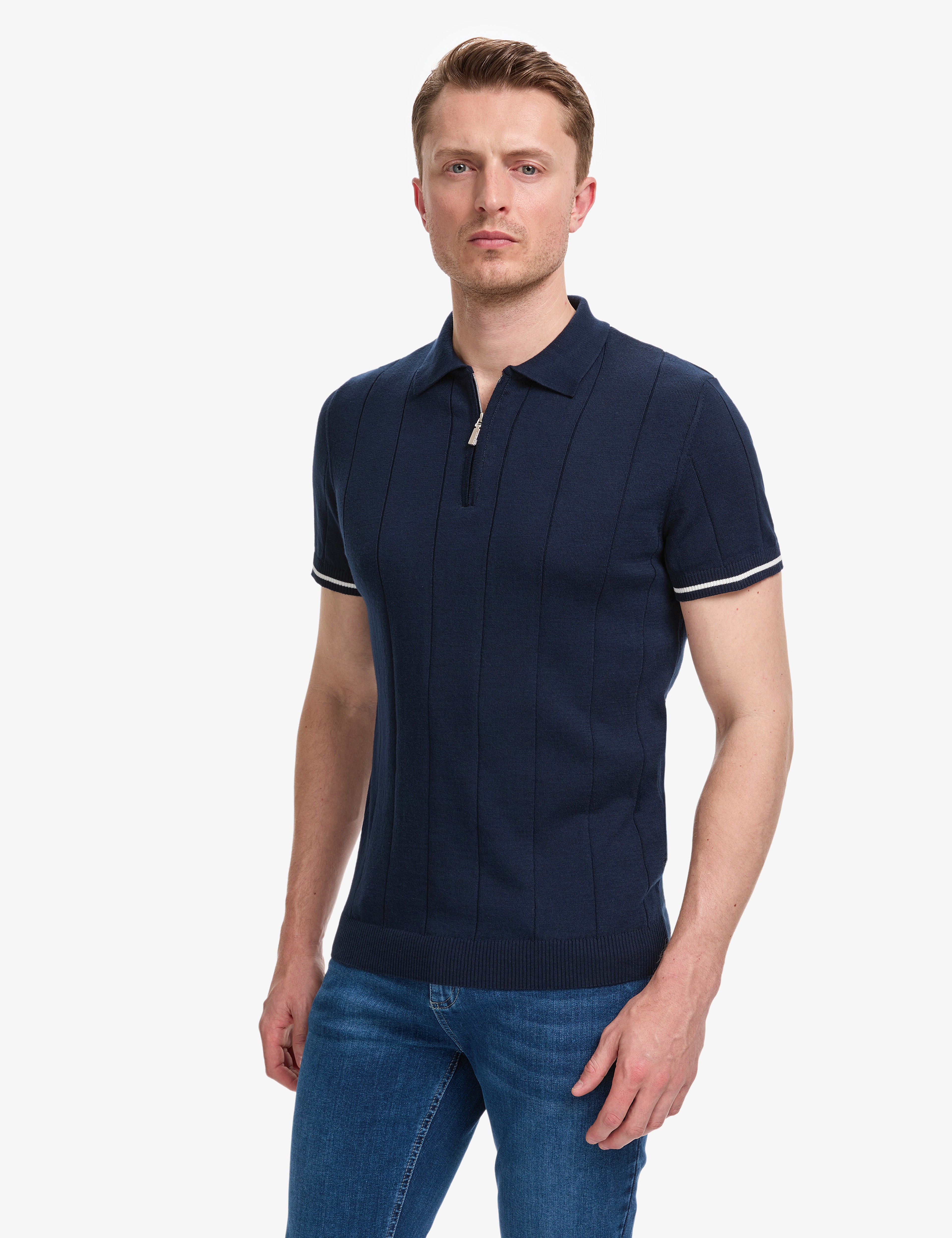Lacivert Slim Fit %100 Pamuk Fermuarlı Polo Yaka Triko Tişört