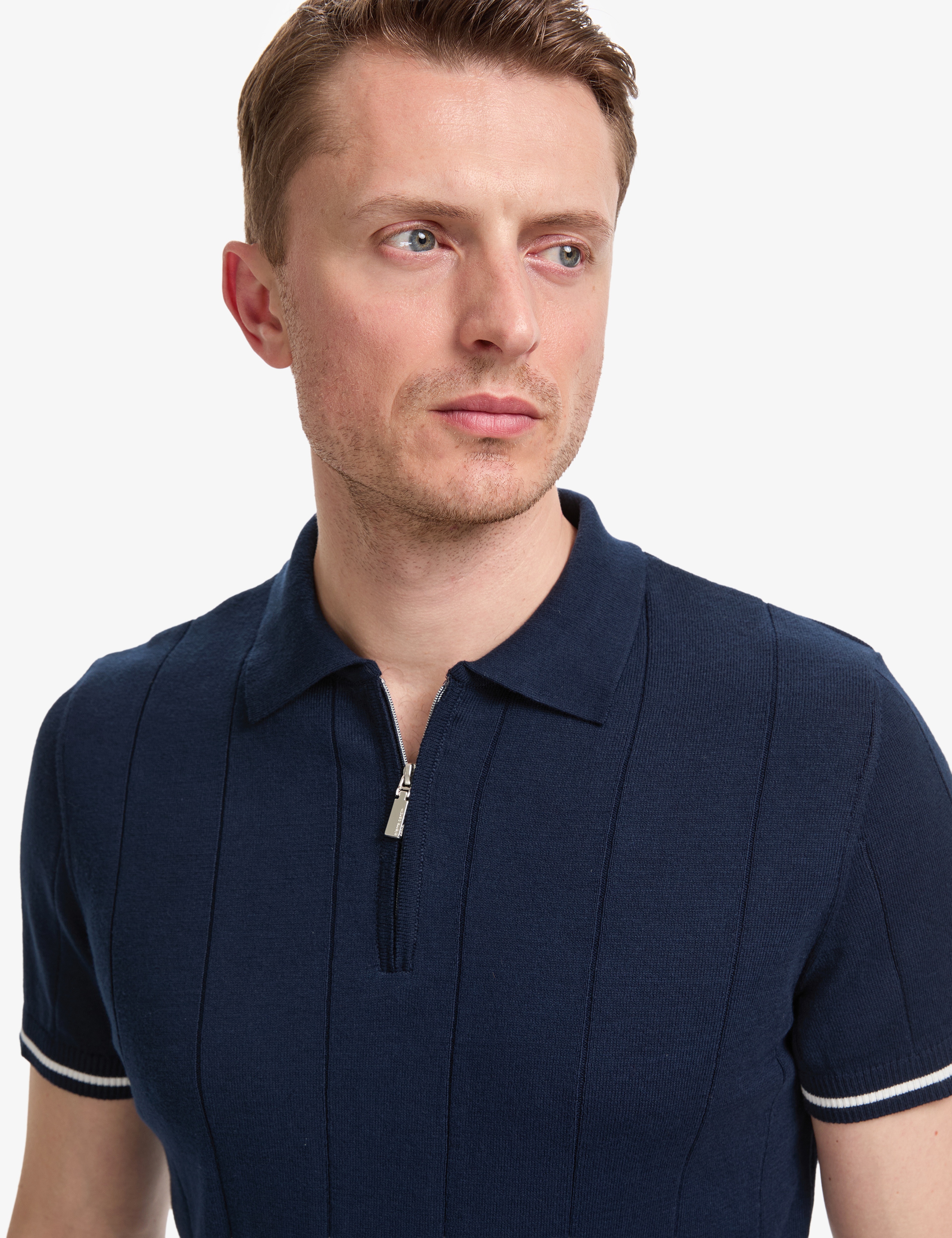 Lacivert Slim Fit %100 Pamuk Fermuarlı Polo Yaka Triko Tişört