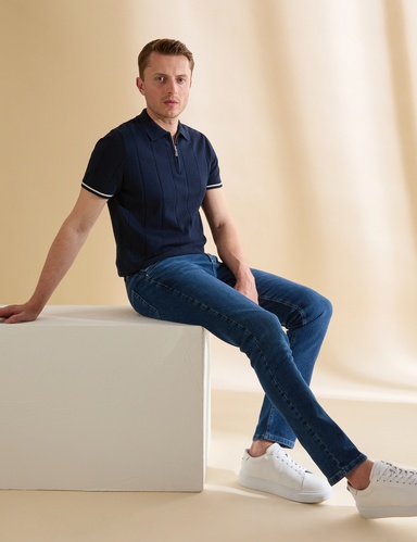Lacivert Slim Fit %100 Pamuk Fermuarlı Polo Yaka Triko Tişört