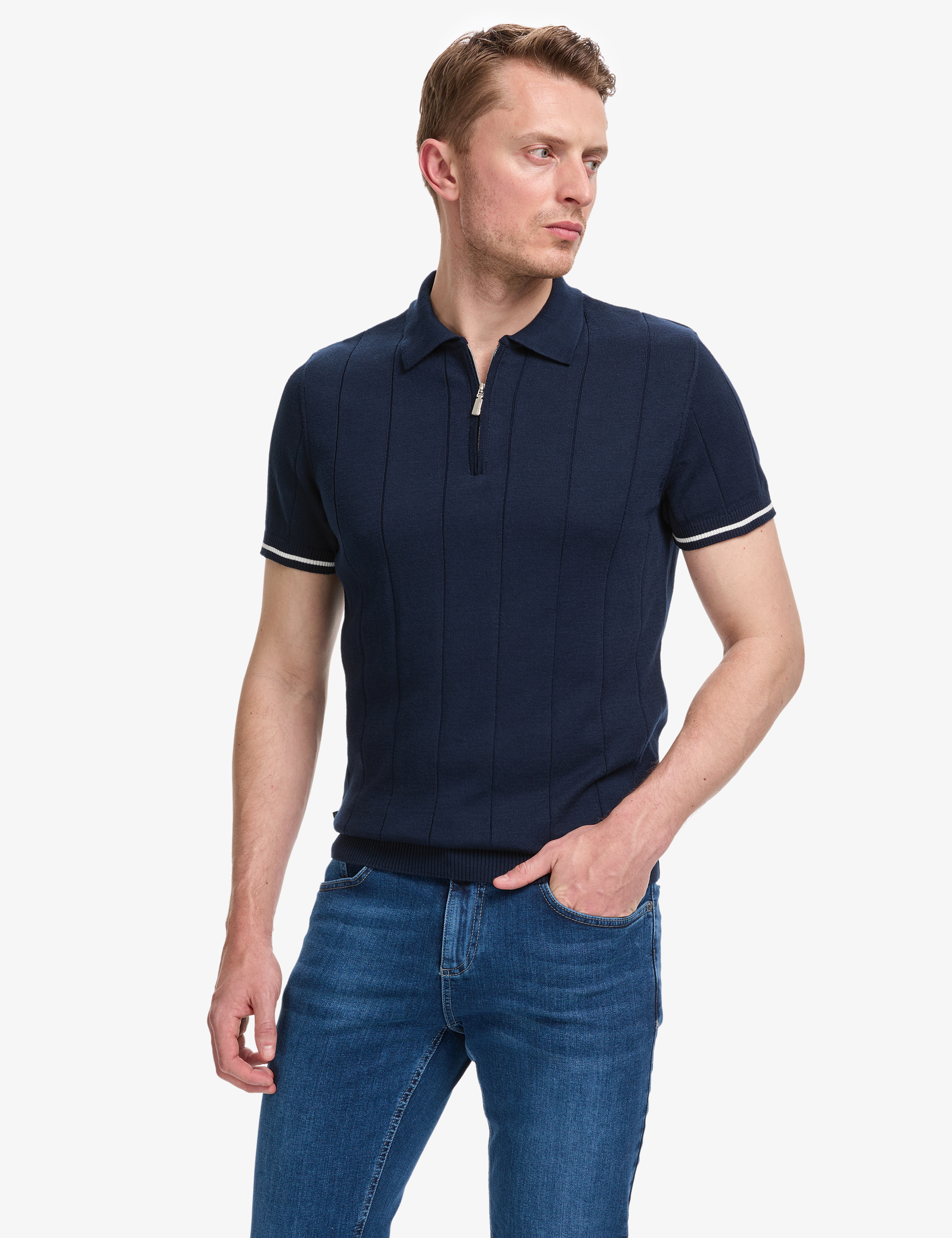 Lacivert Slim Fit %100 Pamuk Fermuarlı Polo Yaka Triko Tişört