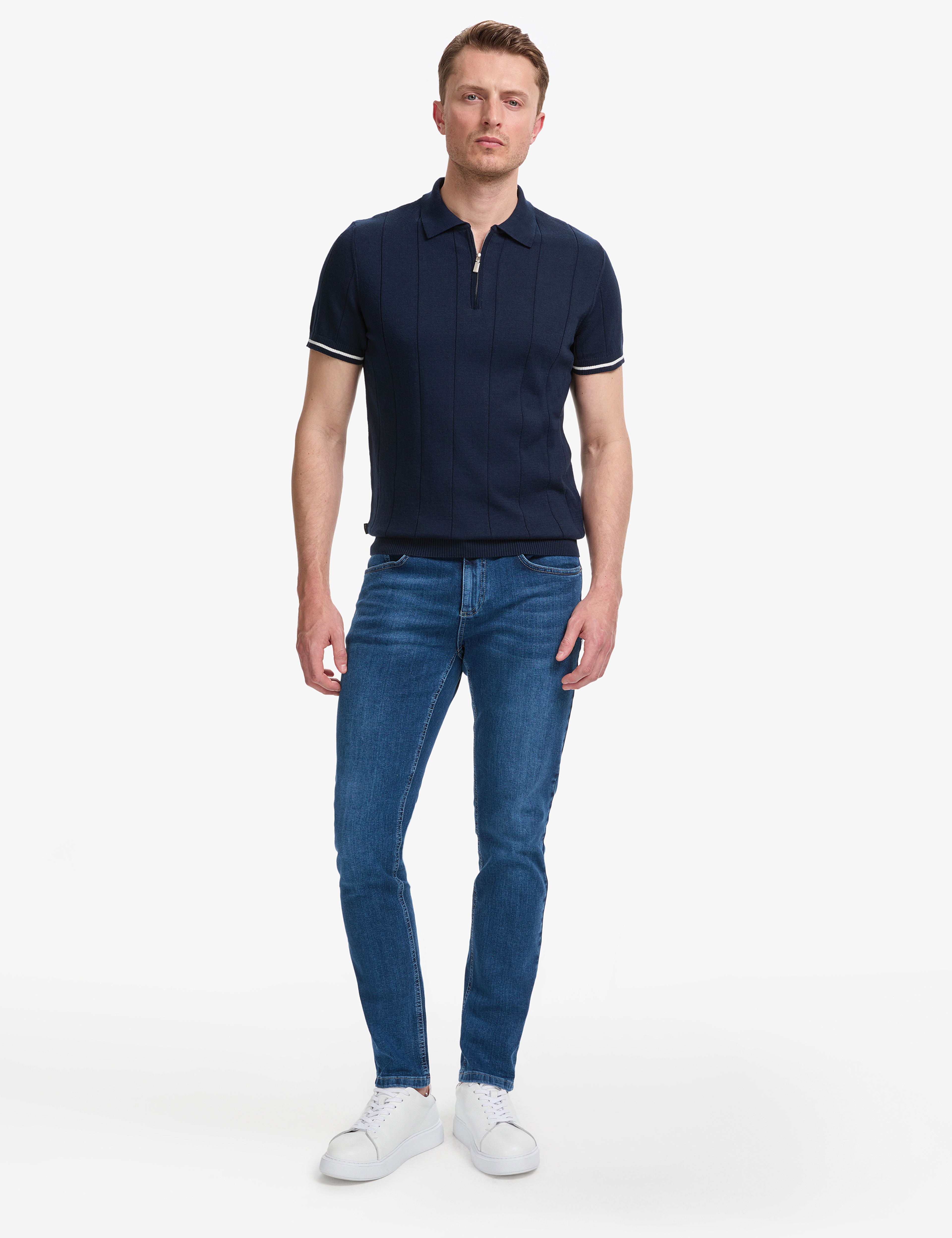 Lacivert Slim Fit %100 Pamuk Fermuarlı Polo Yaka Triko Tişört - Image 5