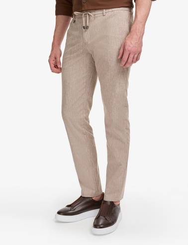Açık Kahverengi Ex. Slim Fit Beli Kordonlu Pamuk Keten Karışımlı Pantolon