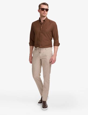 Açık Kahverengi Ex. Slim Fit Beli Kordonlu Pamuk Keten Karışımlı Pantolon