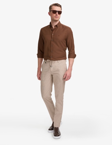 Açık Kahverengi Ex. Slim Fit Beli Kordonlu Pamuk Keten Karışımlı Pantolon