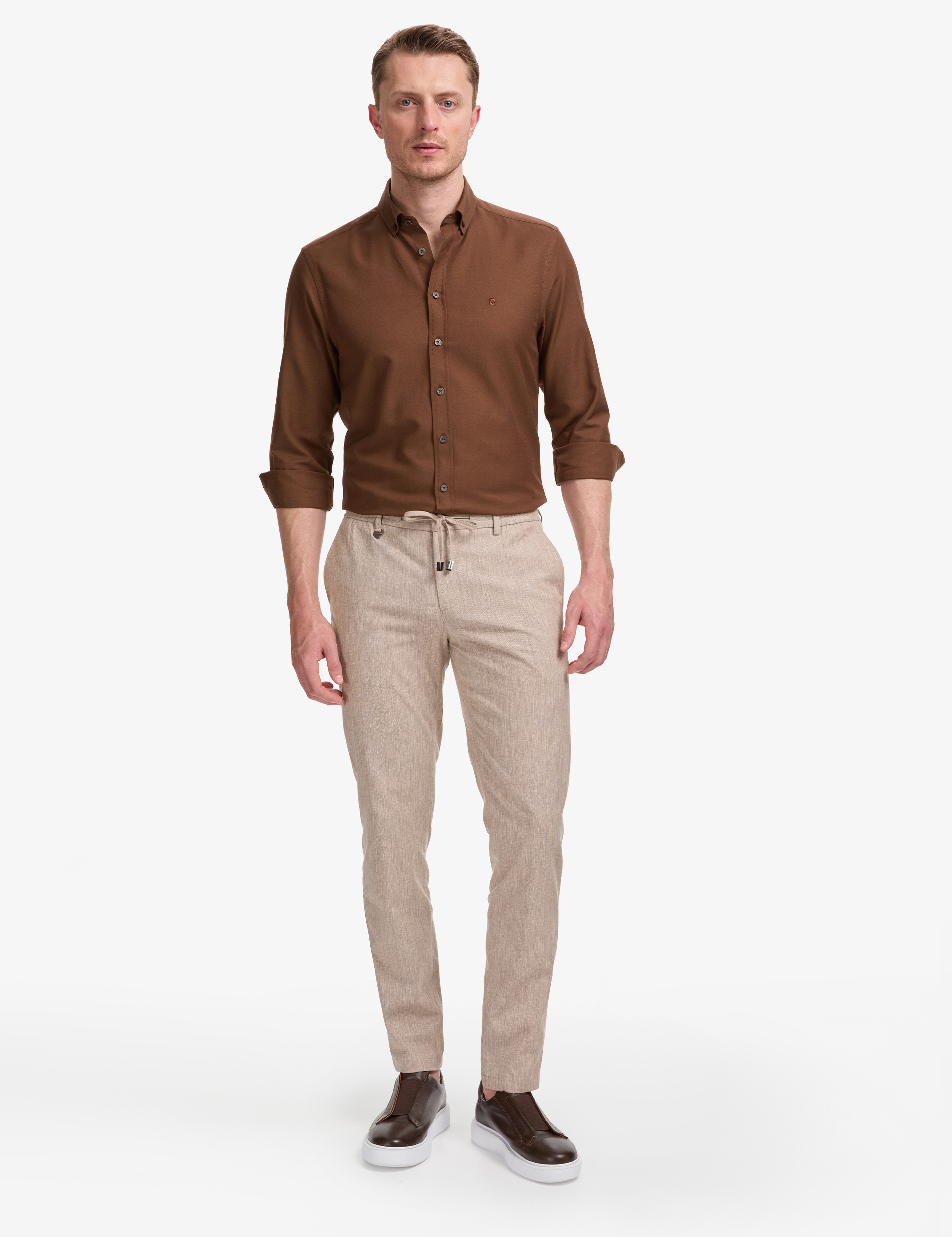 Açık Kahverengi Ex. Slim Fit Beli Kordonlu Pamuk Keten Karışımlı Pantolon - Image 3