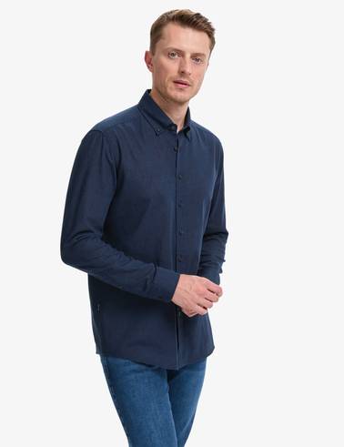 Lacivert Keten Karışımlı Regular Fit Uzun Kollu Gömlek
