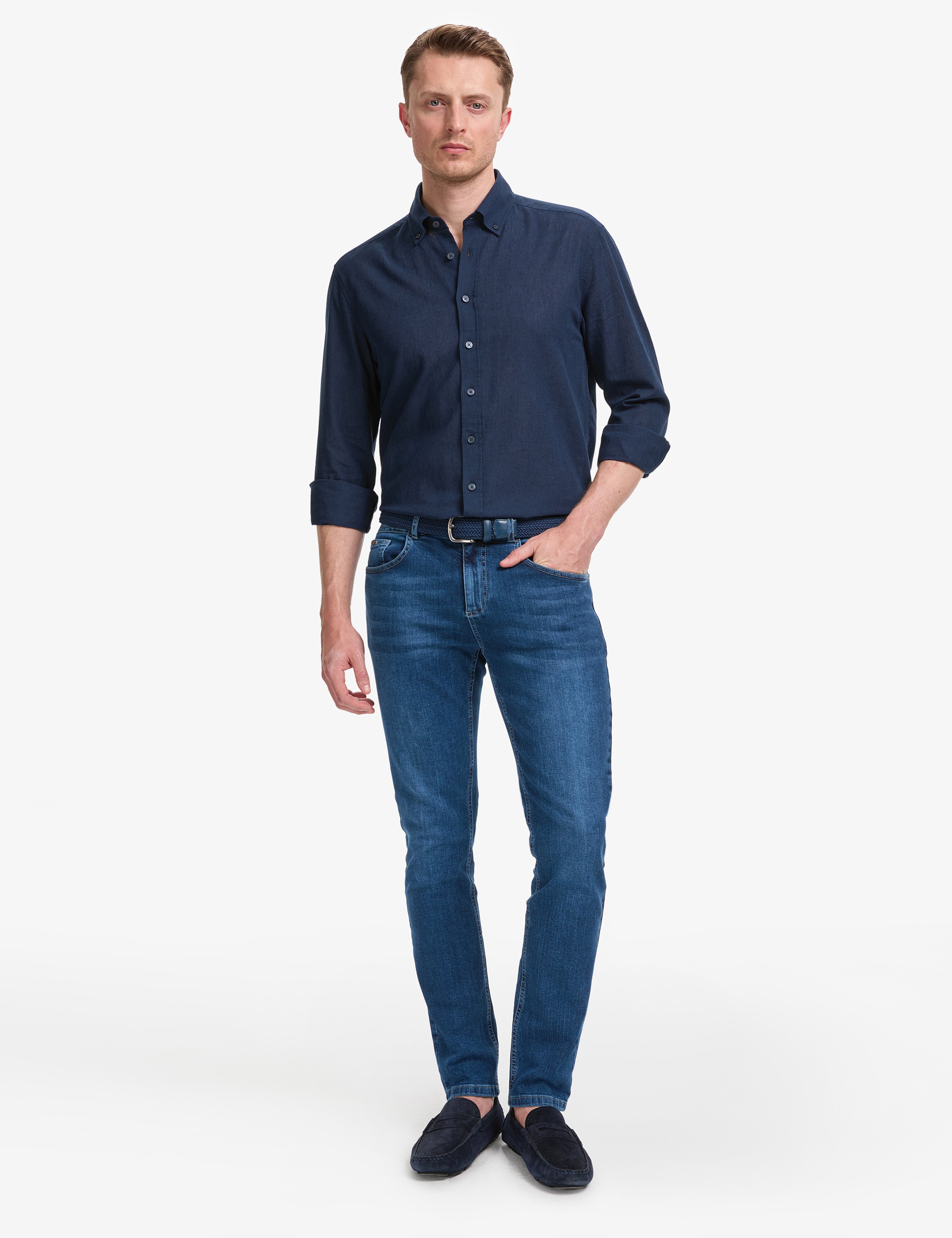 Lacivert Keten Karışımlı Regular Fit Uzun Kollu Gömlek