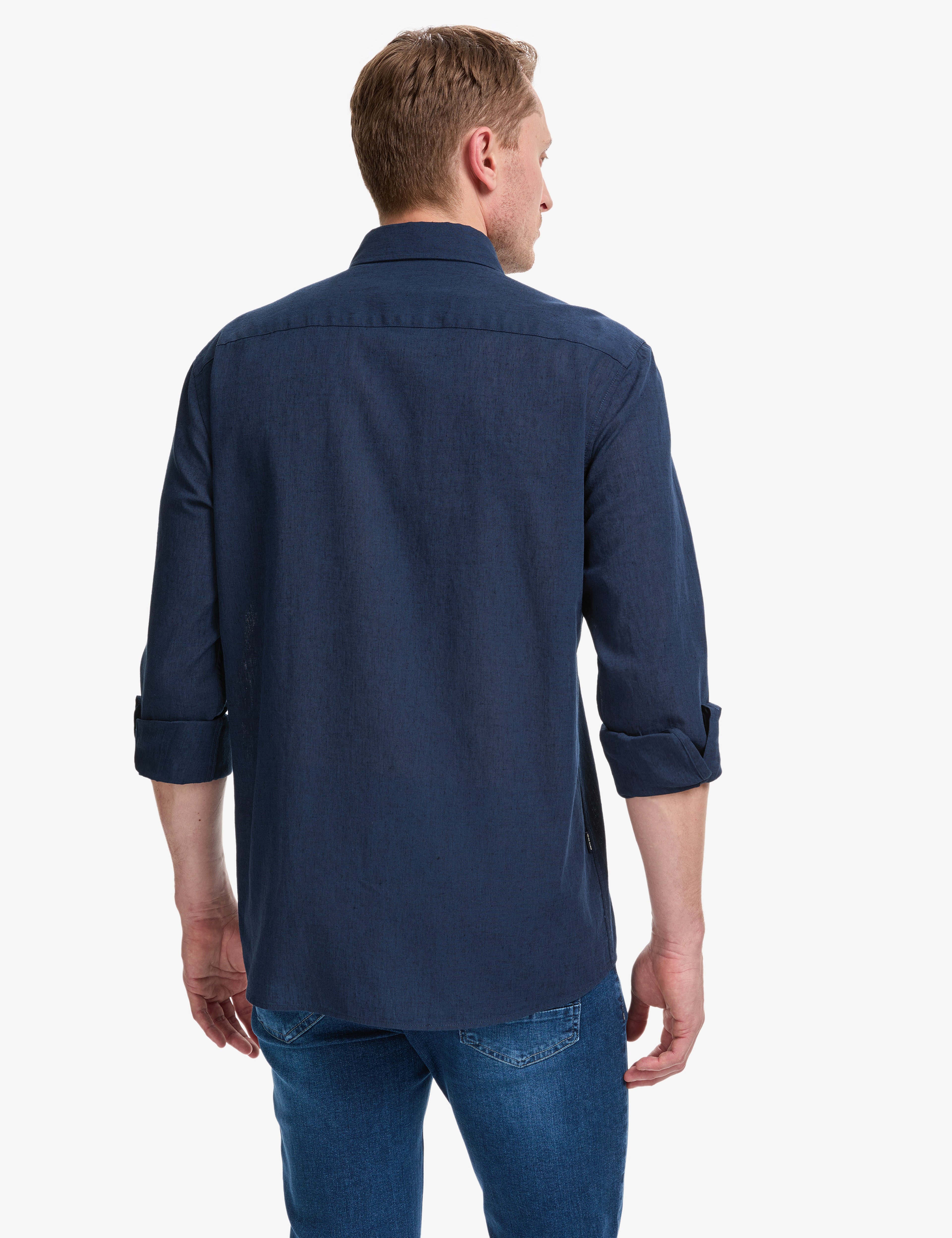 Lacivert Keten Karışımlı Regular Fit Uzun Kollu Gömlek