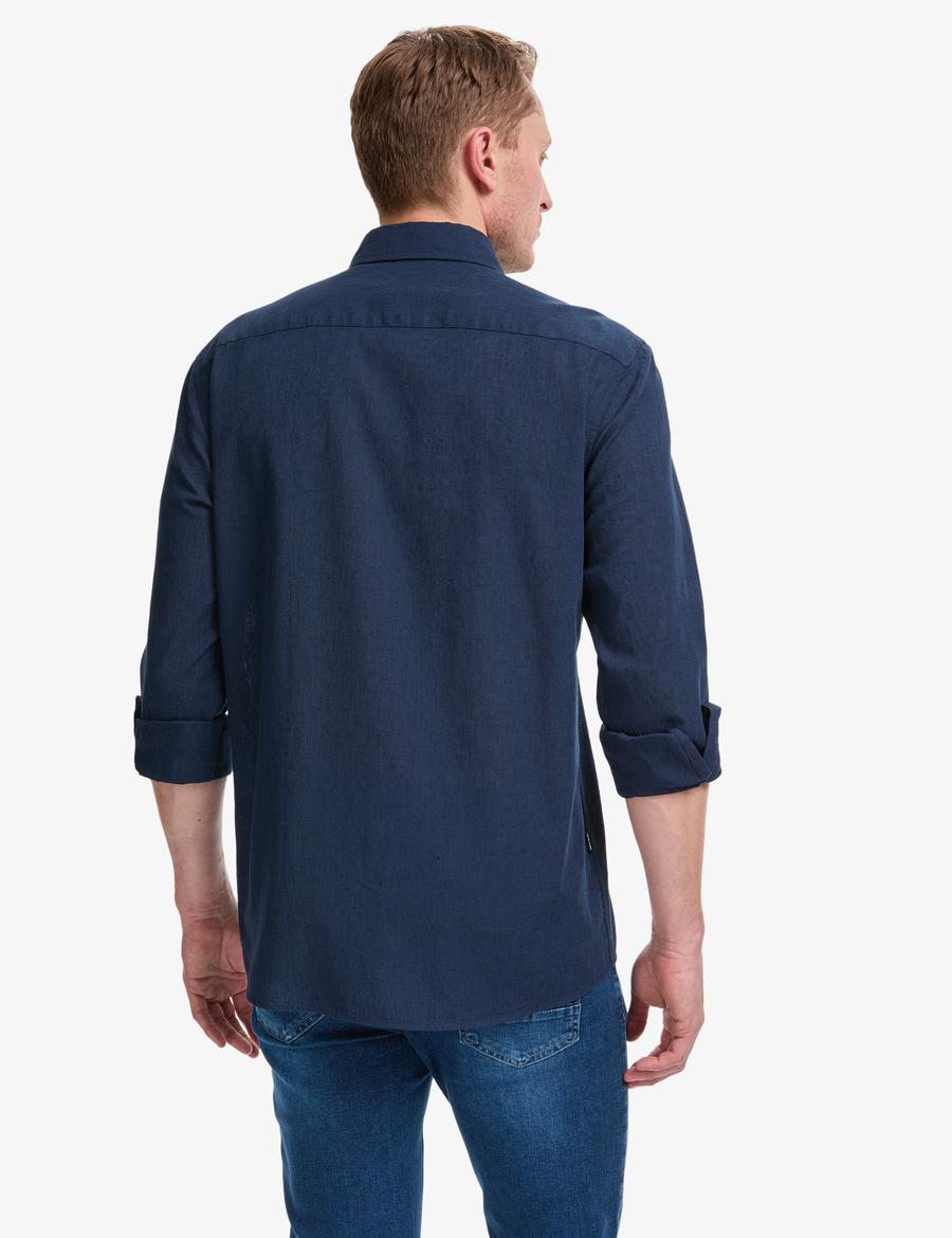 Lacivert Keten Karışımlı Regular Fit Uzun Kollu Gömlek