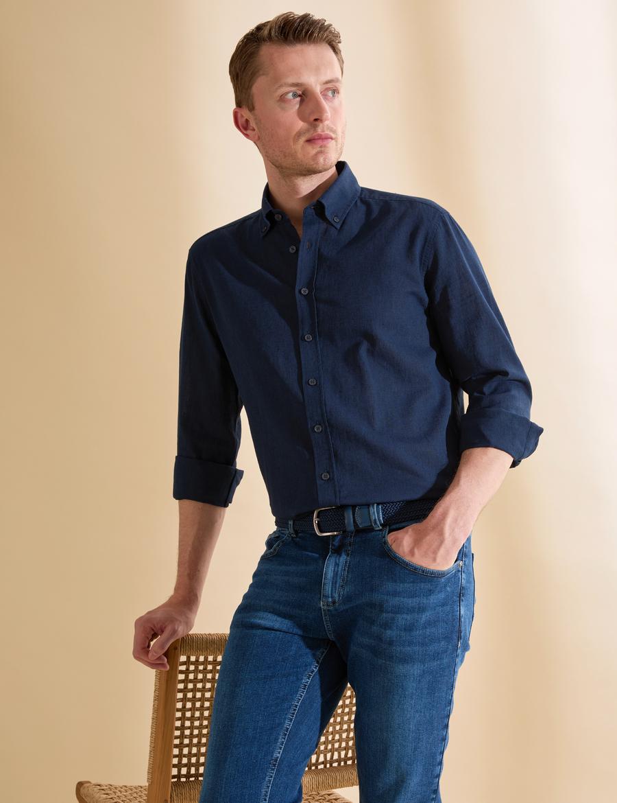 Lacivert Keten Karışımlı Regular Fit Uzun Kollu Gömlek