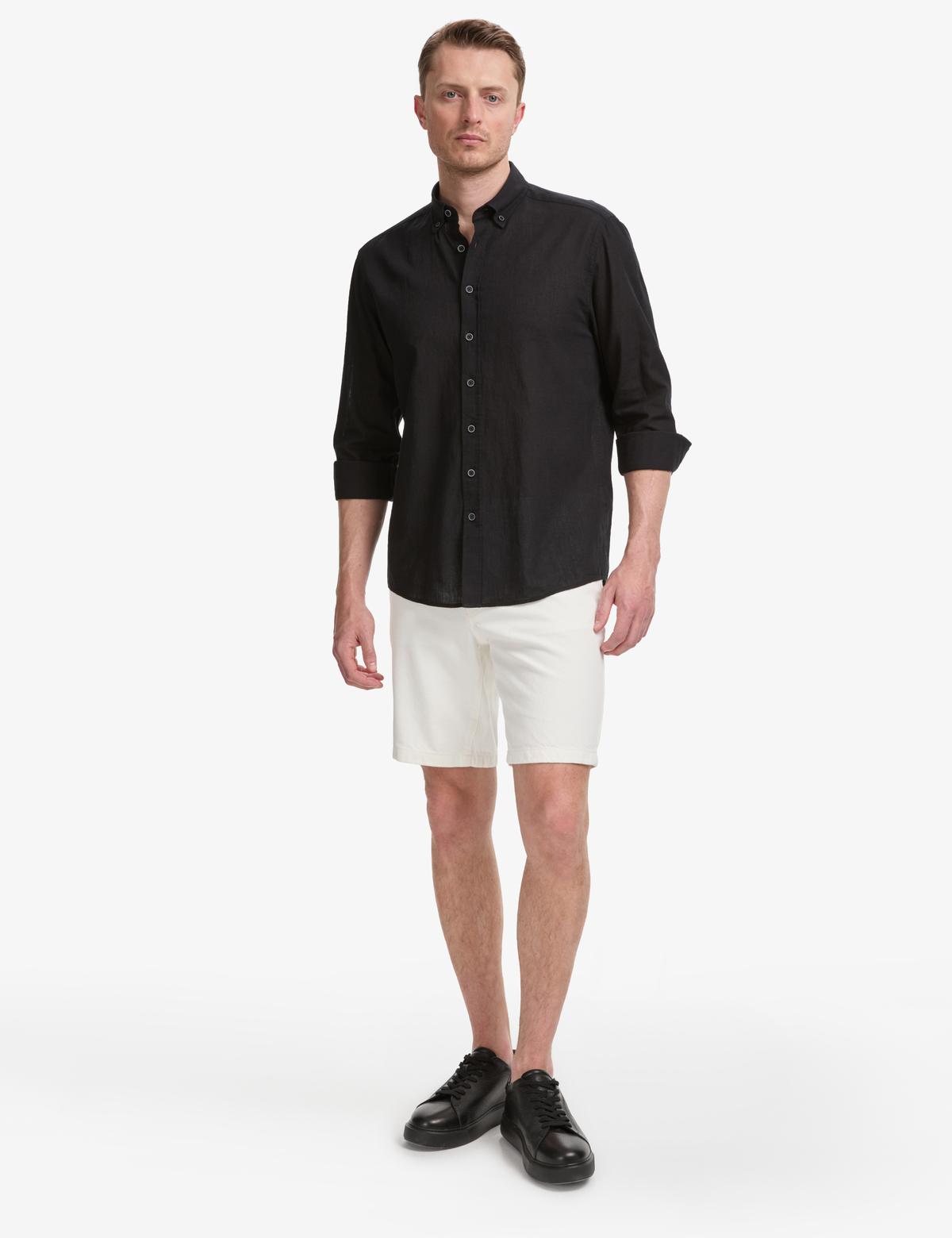 Siyah Keten Karışımlı Regular Fit Uzun Kollu Gömlek - 50320941131