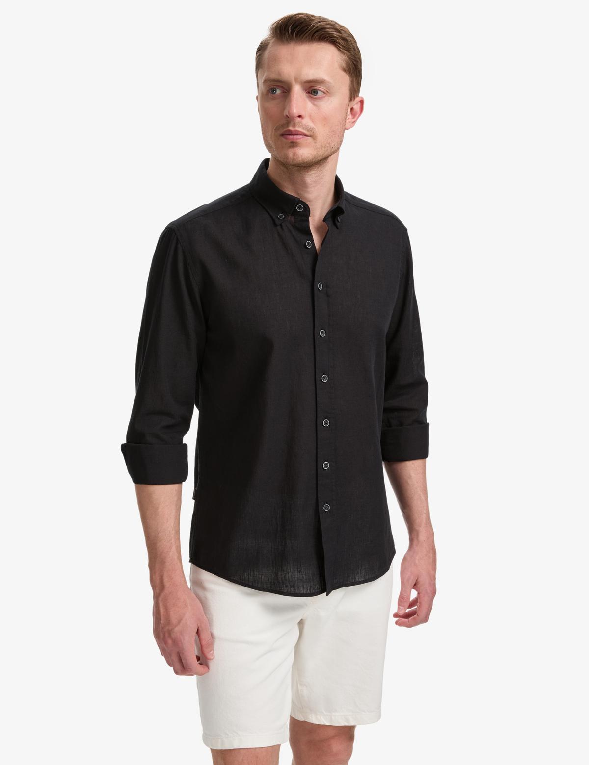 Siyah Keten Karışımlı Regular Fit Uzun Kollu Gömlek - 50320941131