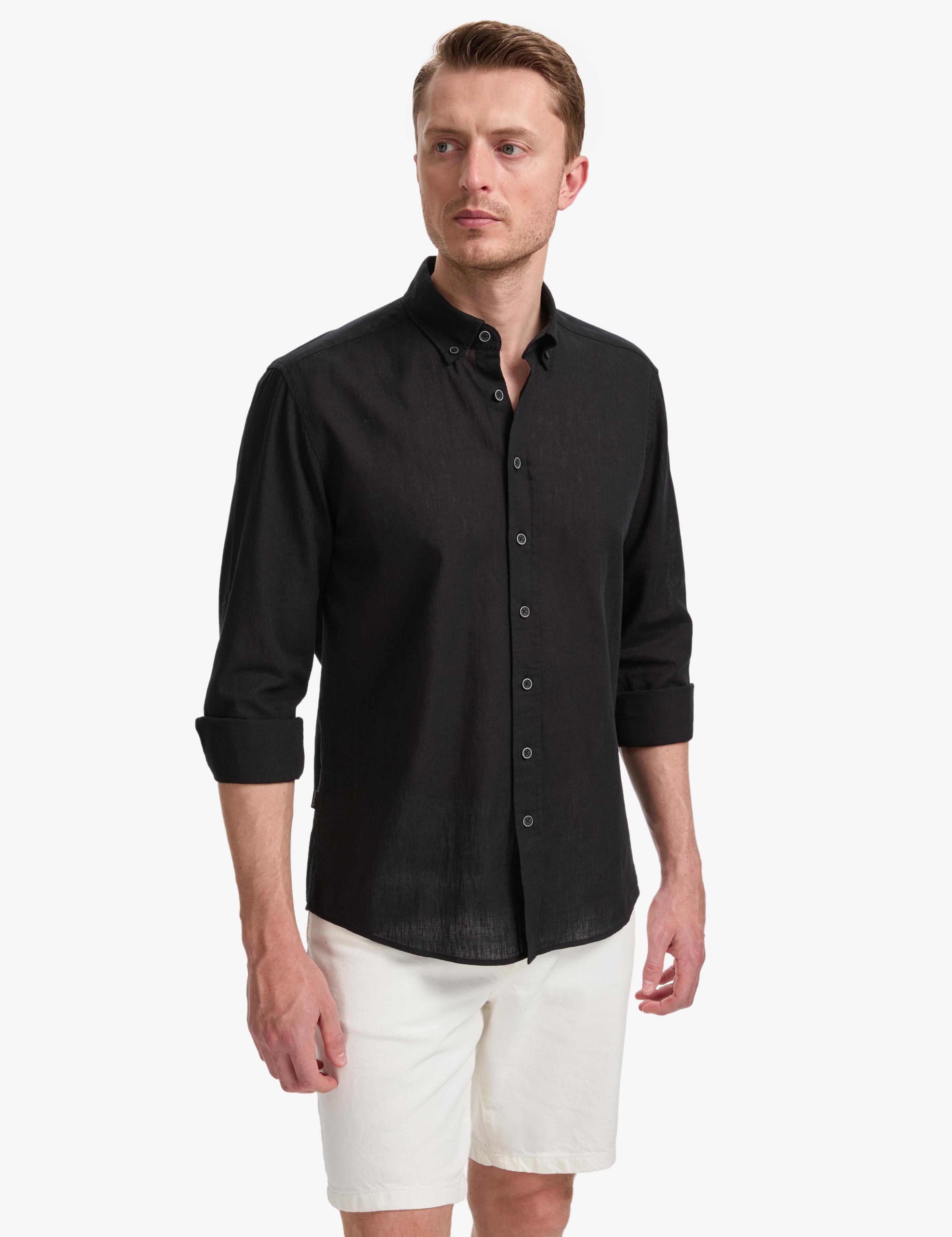 Siyah Keten Karışımlı Regular Fit Uzun Kollu Gömlek