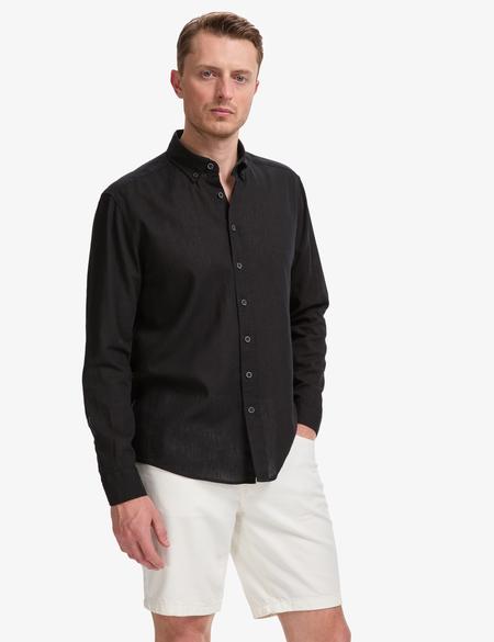 Siyah Keten Karışımlı Regular Fit Uzun Kollu Gömlek - 50320941131