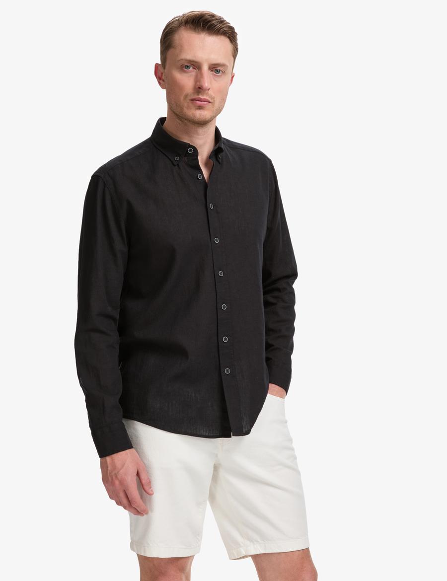 Siyah Keten Karışımlı Regular Fit Uzun Kollu Gömlek