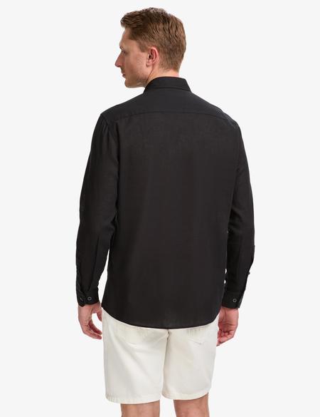 Siyah Keten Karışımlı Regular Fit Uzun Kollu Gömlek - 50320941131