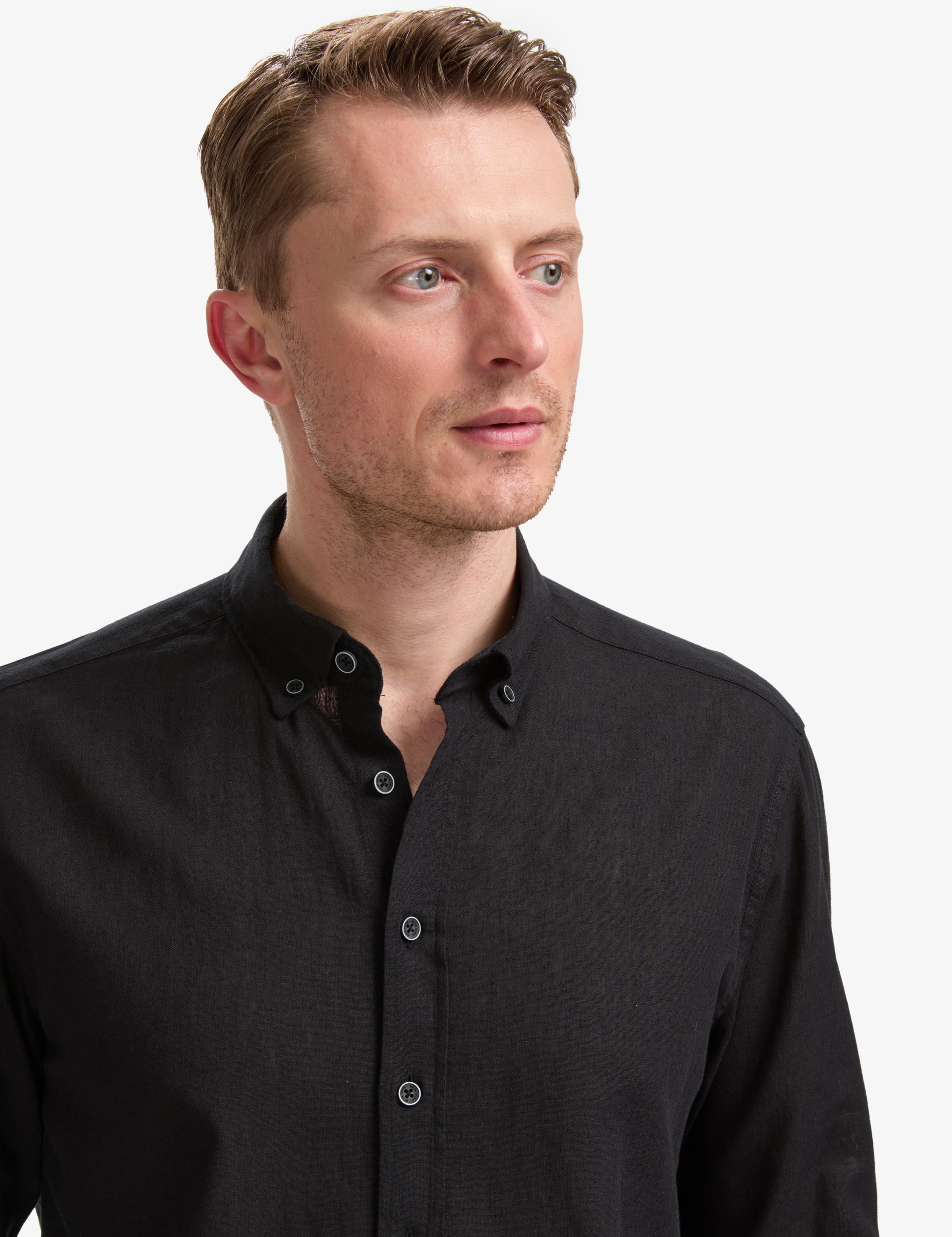 Siyah Keten Karışımlı Regular Fit Uzun Kollu Gömlek