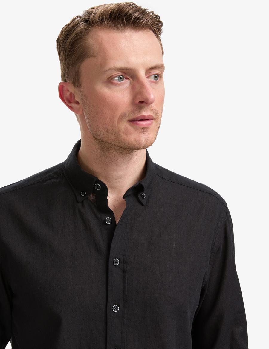 Siyah Keten Karışımlı Regular Fit Uzun Kollu Gömlek