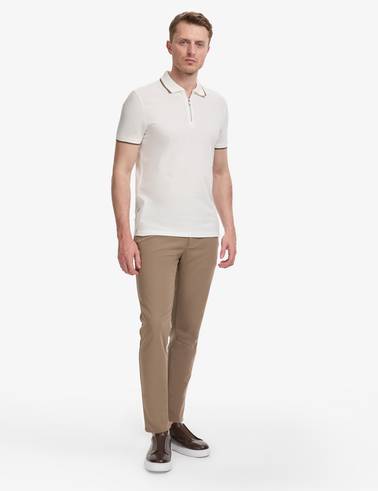 Ekru Slim Fit %100 Pamuk Fermuarlı Polo Yaka Tişört
