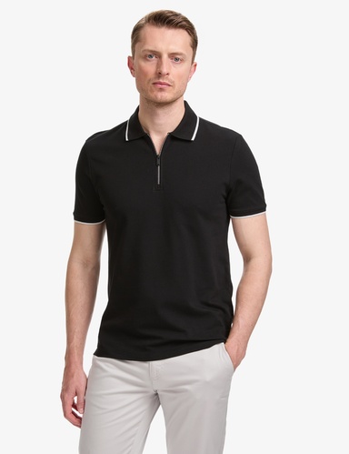 Siyah Slim Fit %100 Pamuk Fermuarlı Polo Yaka Tişört
