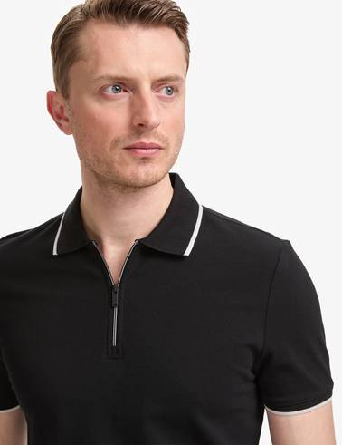 Siyah Slim Fit %100 Pamuk Fermuarlı Polo Yaka Tişört