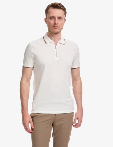 Ekru Slim Fit %100 Pamuk Fermuarlı Polo Yaka Tişört