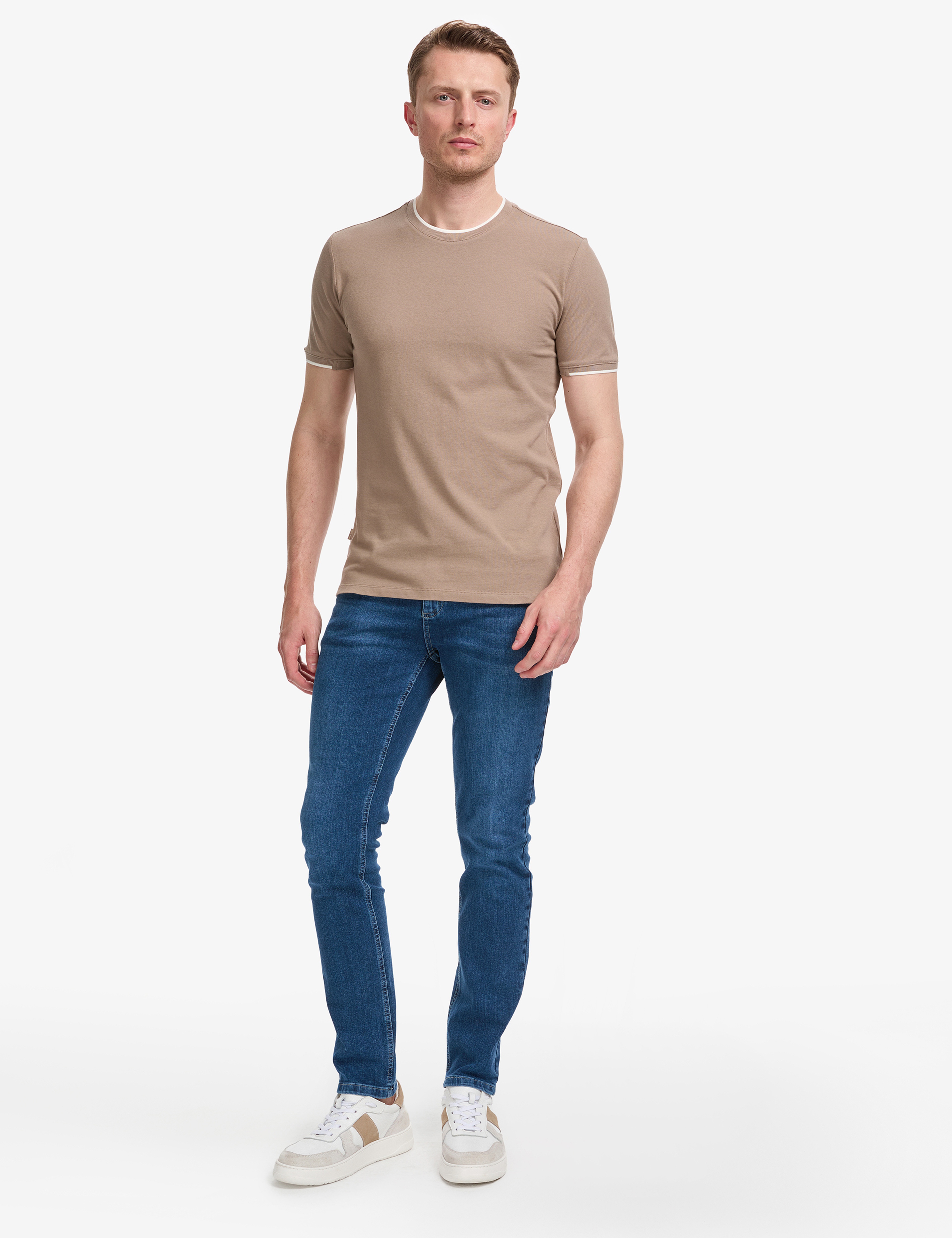 Kahverengi Slim Fit %100 Pamuk Bisiklet Yaka Tişört