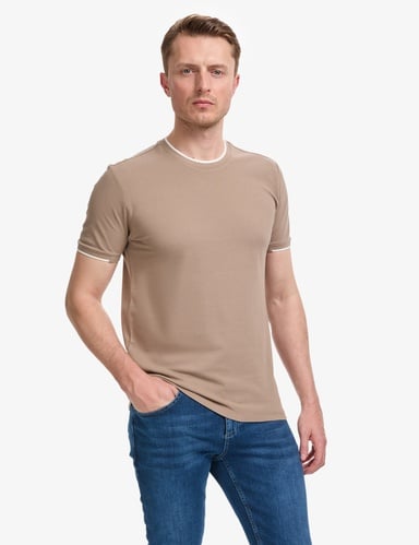 Kahverengi Slim Fit %100 Pamuk Bisiklet Yaka Tişört