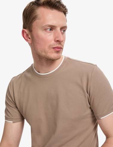 Kahverengi Slim Fit %100 Pamuk Bisiklet Yaka Tişört