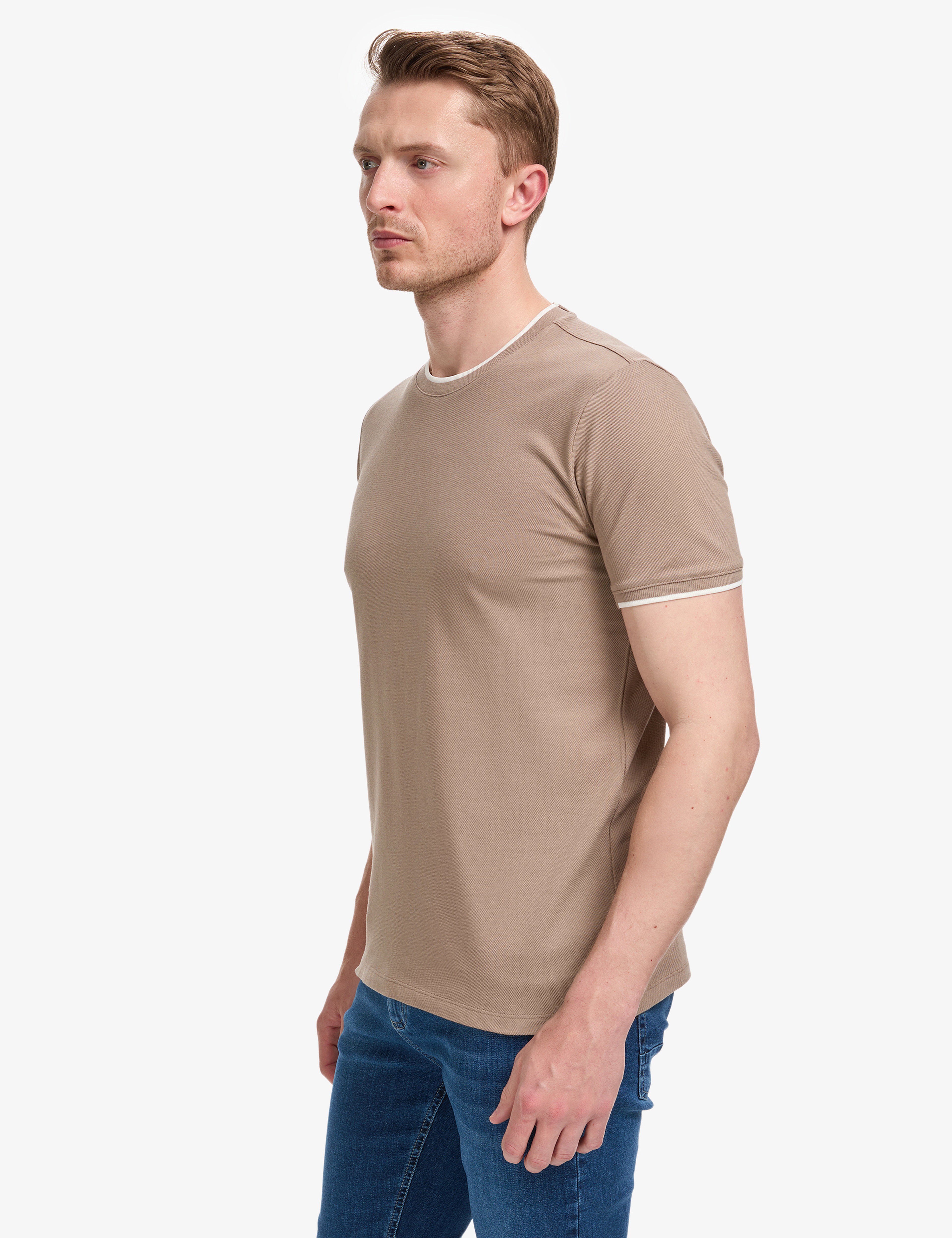 Kahverengi Slim Fit %100 Pamuk Bisiklet Yaka Tişört
