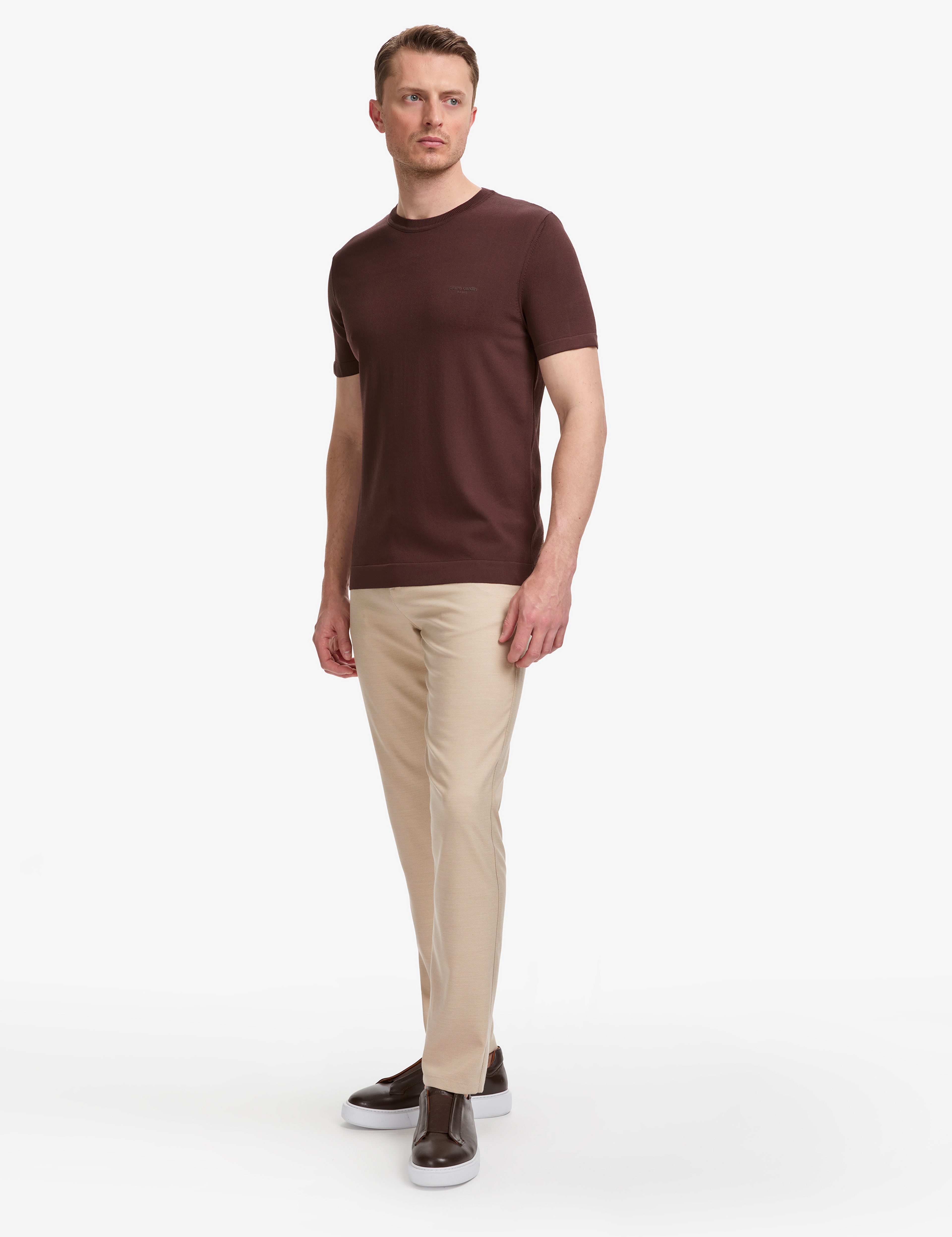 Koyu Kahverengi Slim Fit Bisiklet Yaka Triko Tişört - Image 5