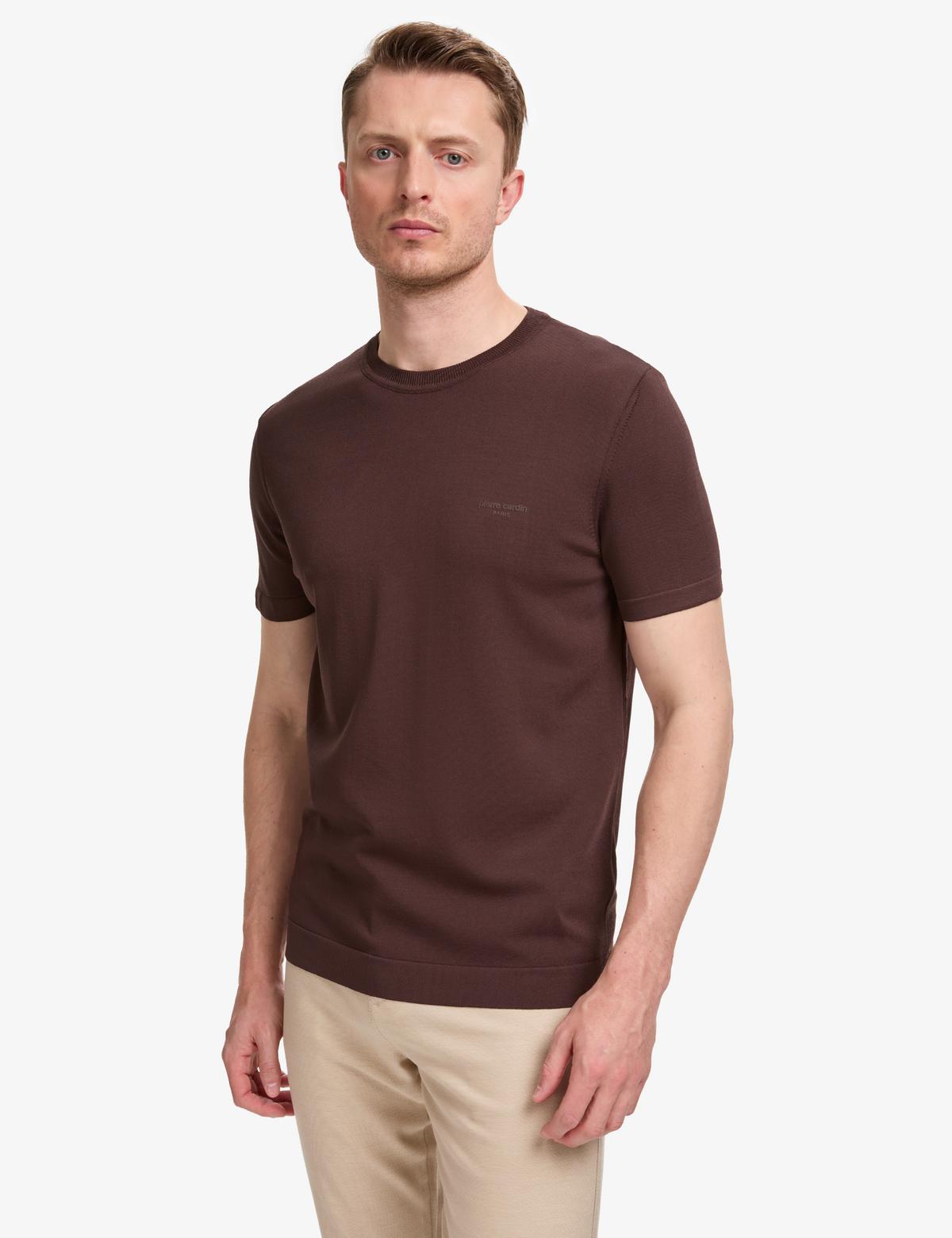 Koyu Kahverengi Slim Fit Bisiklet Yaka Triko Tişört - 50320807078