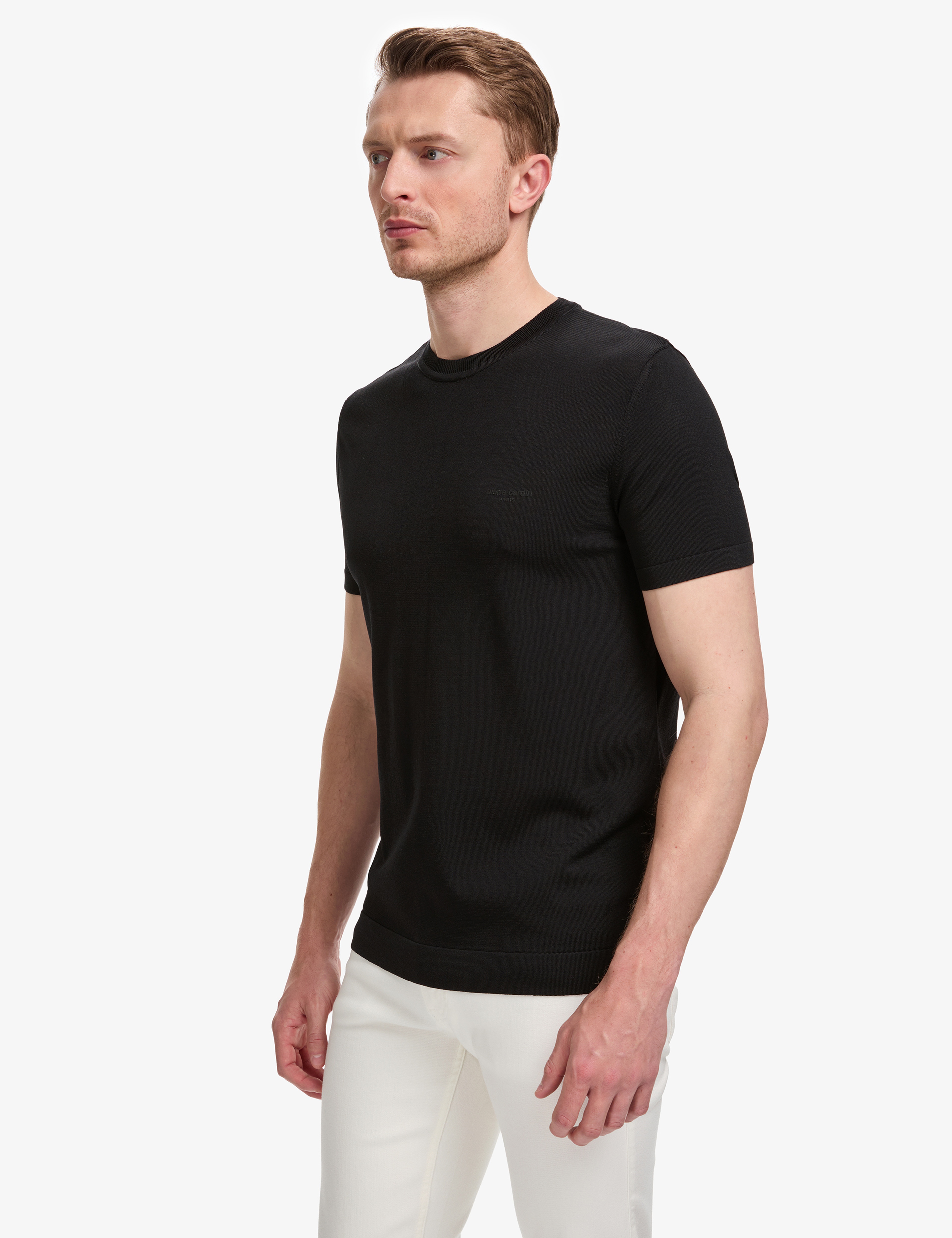 Siyah Slim Fit Bisiklet Yaka Triko Tişört - Image 3