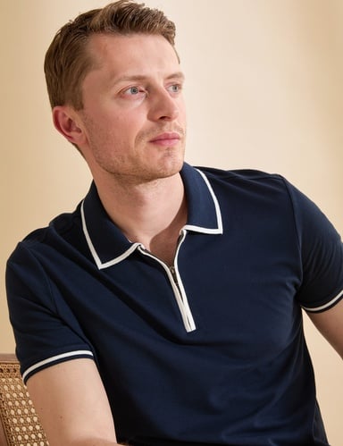 Lacivert Slim Fit %100 Pamuk Fermuarlı Polo Yaka Tişört