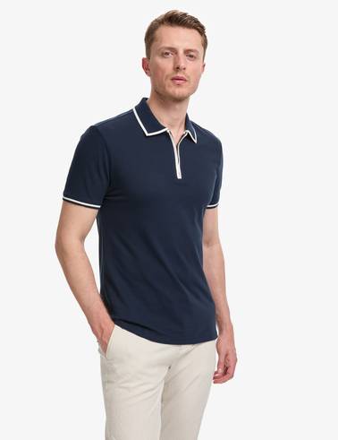 Lacivert Slim Fit %100 Pamuk Fermuarlı Polo Yaka Tişört