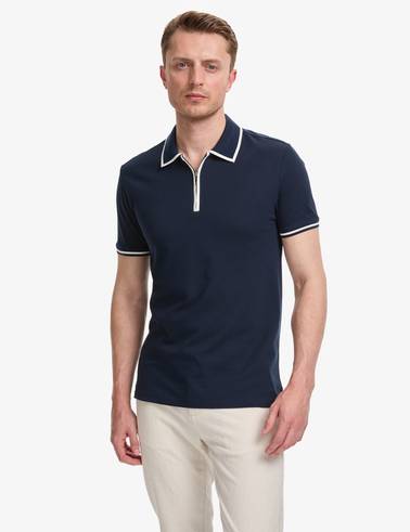 Lacivert Slim Fit %100 Pamuk Fermuarlı Polo Yaka Tişört