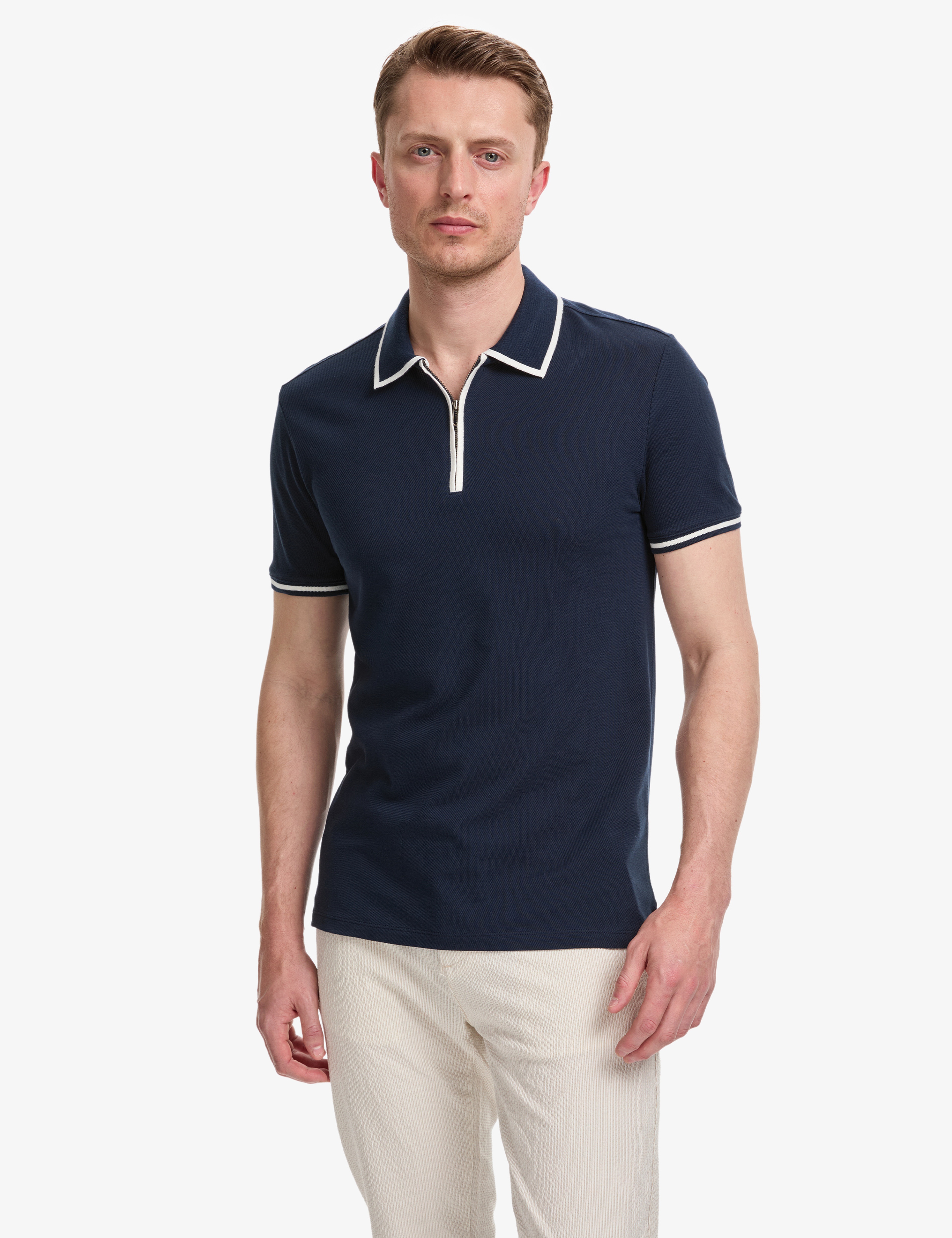 Lacivert Slim Fit %100 Pamuk Fermuarlı Polo Yaka Tişört