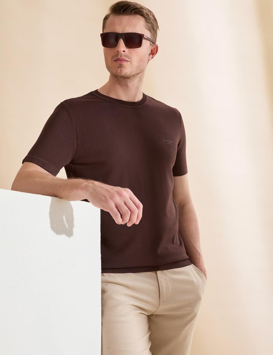 Koyu Kahverengi Slim Fit Bisiklet Yaka Triko Tişört