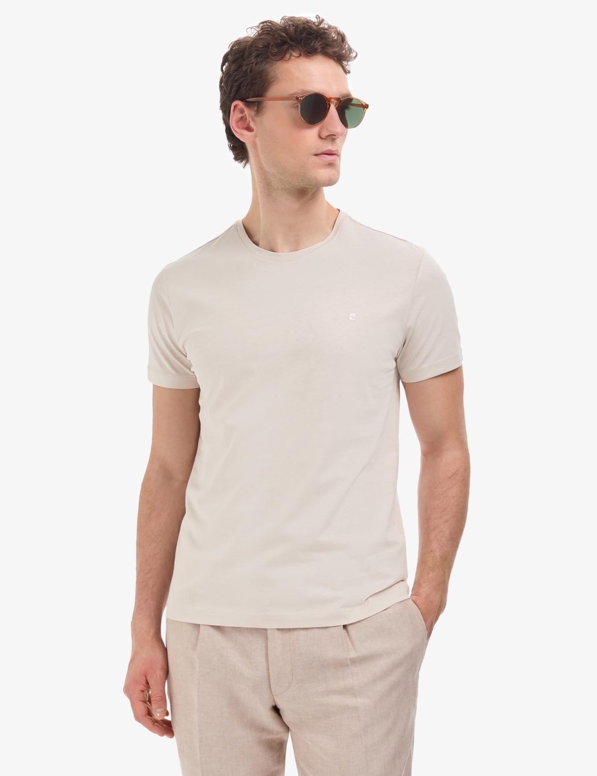 Bej Slim Fit %100 Pamuk Bisiklet Yaka Basic Tişört - 50325307033