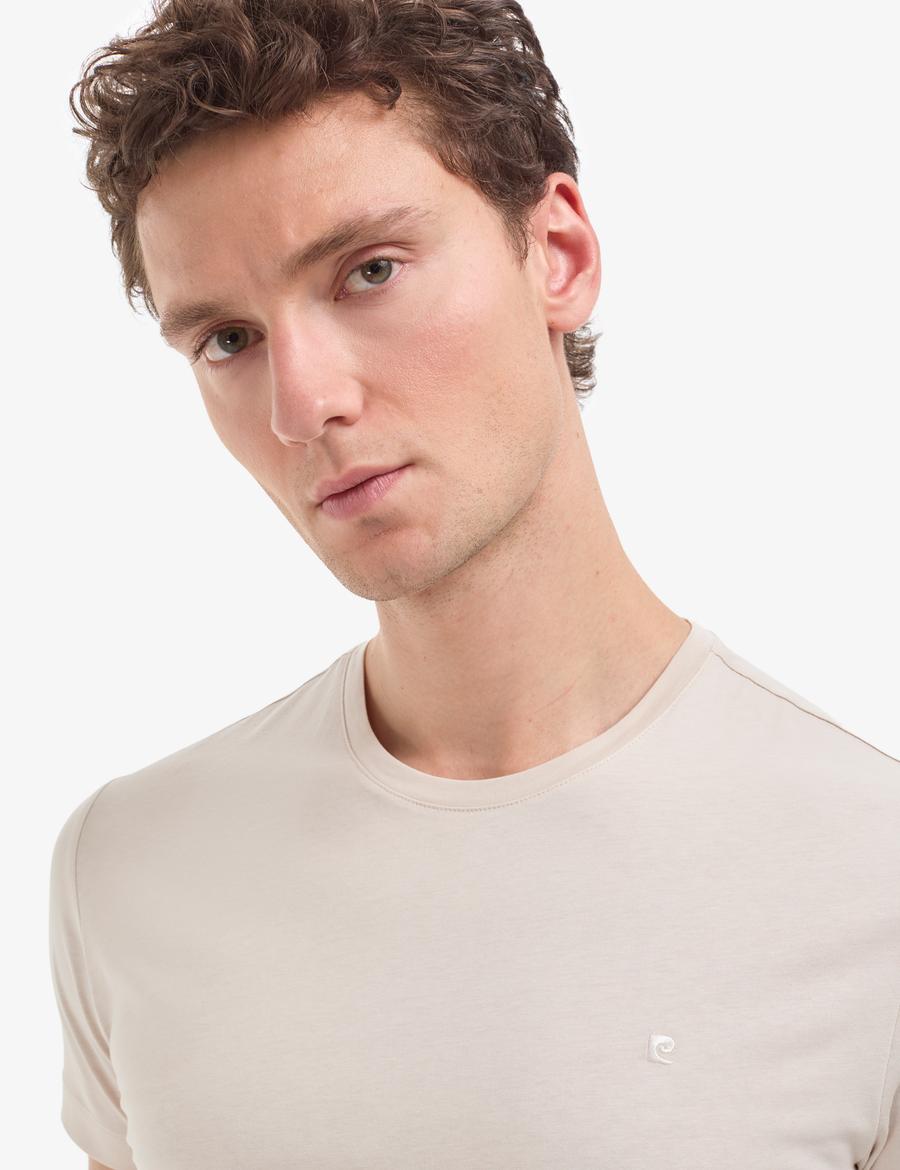 Bej Slim Fit %100 Pamuk Bisiklet Yaka Basic Tişört