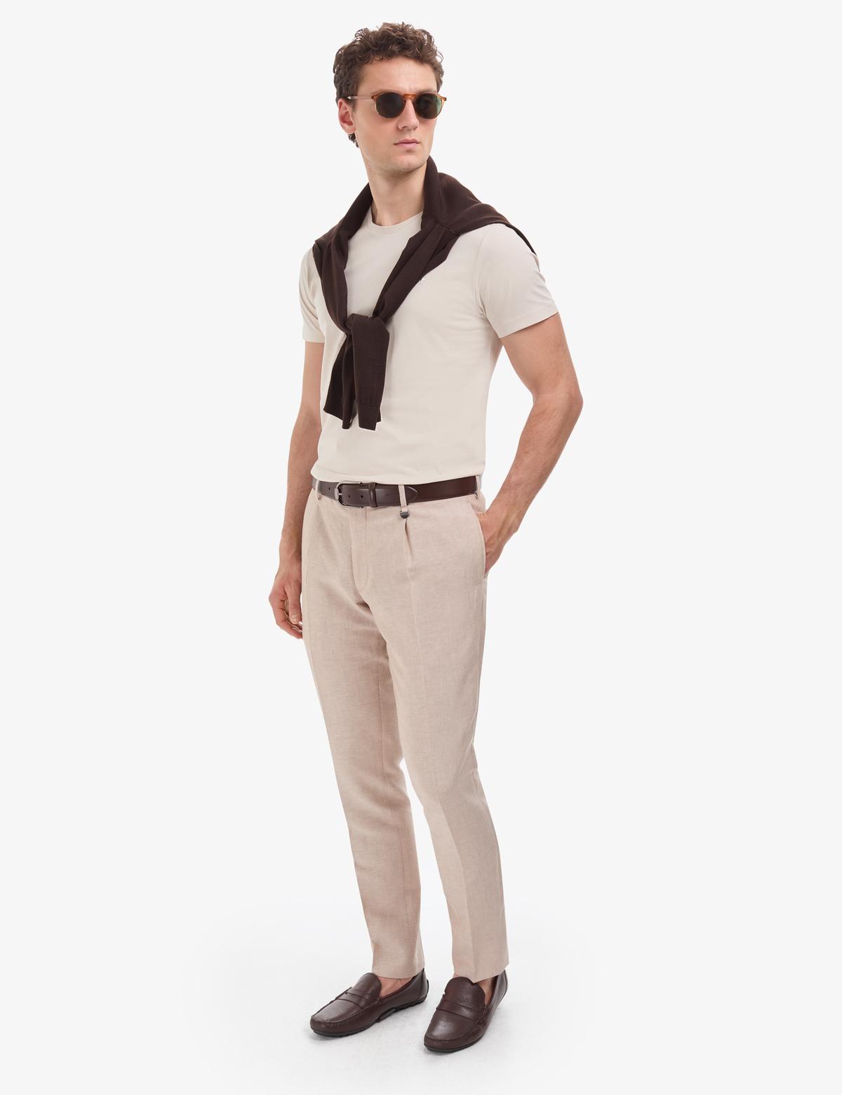 Bej Slim Fit %100 Pamuk Bisiklet Yaka Basic Tişört - 50325307033