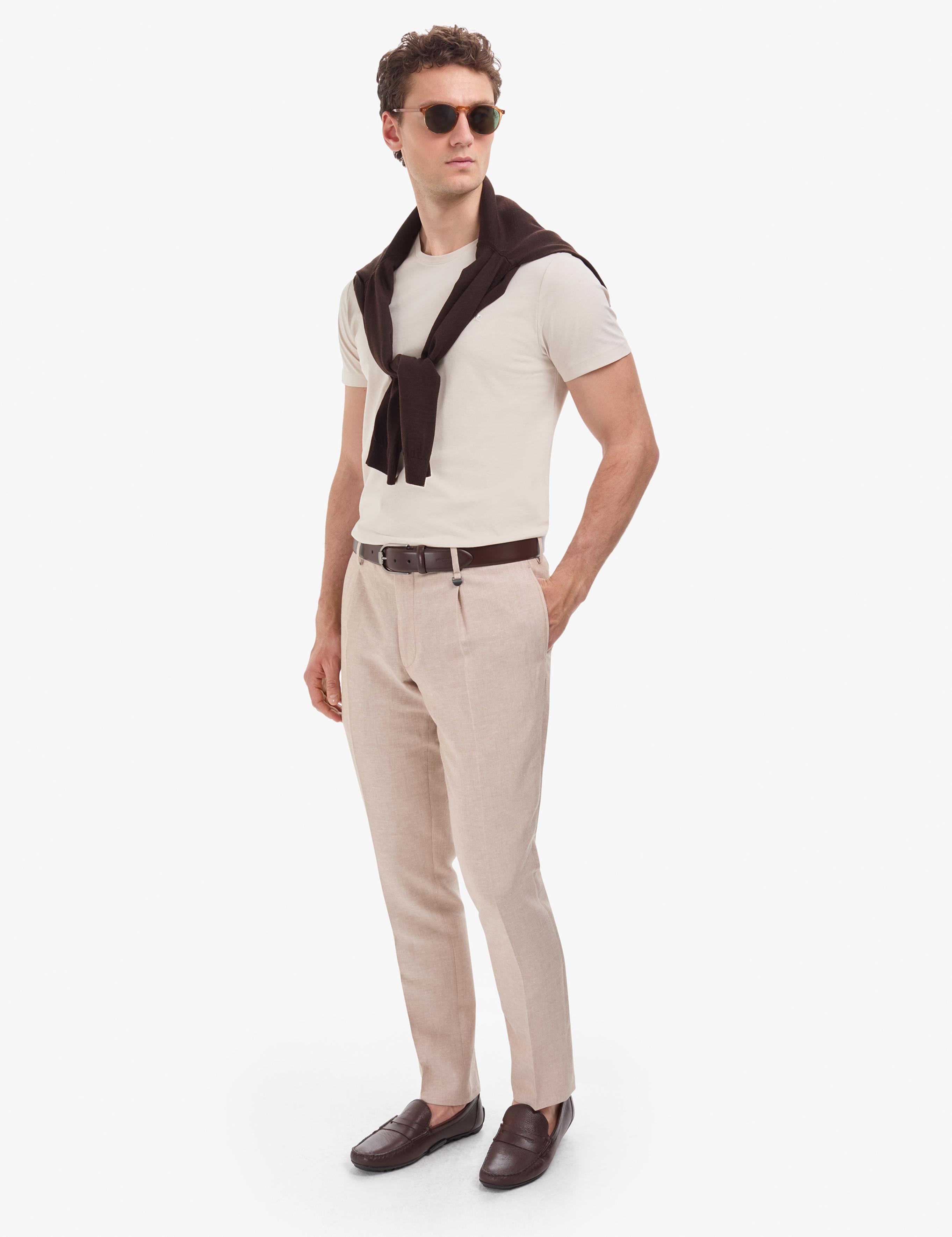 Bej Slim Fit %100 Pamuk Bisiklet Yaka Basic Tişört