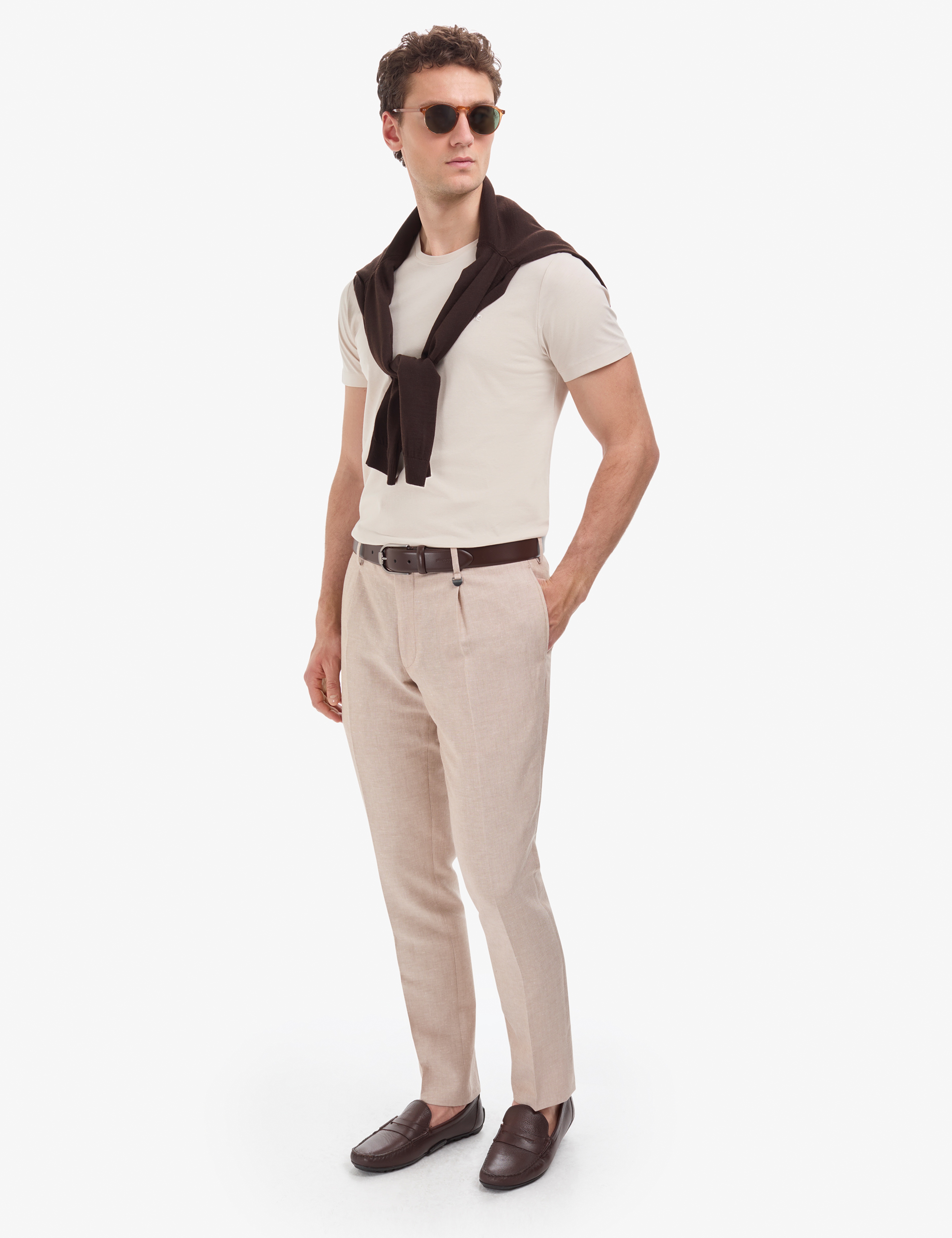 Bej Slim Fit %100 Pamuk Bisiklet Yaka Basic Tişört